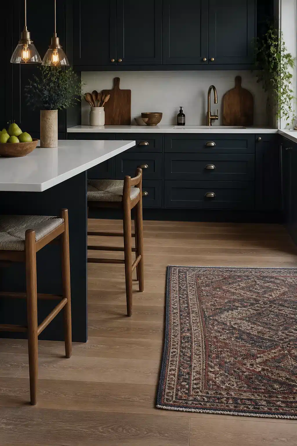 Navy kitchen with white worktops, pale oak floor, Persian rug, rush seat barstools and brass hardware