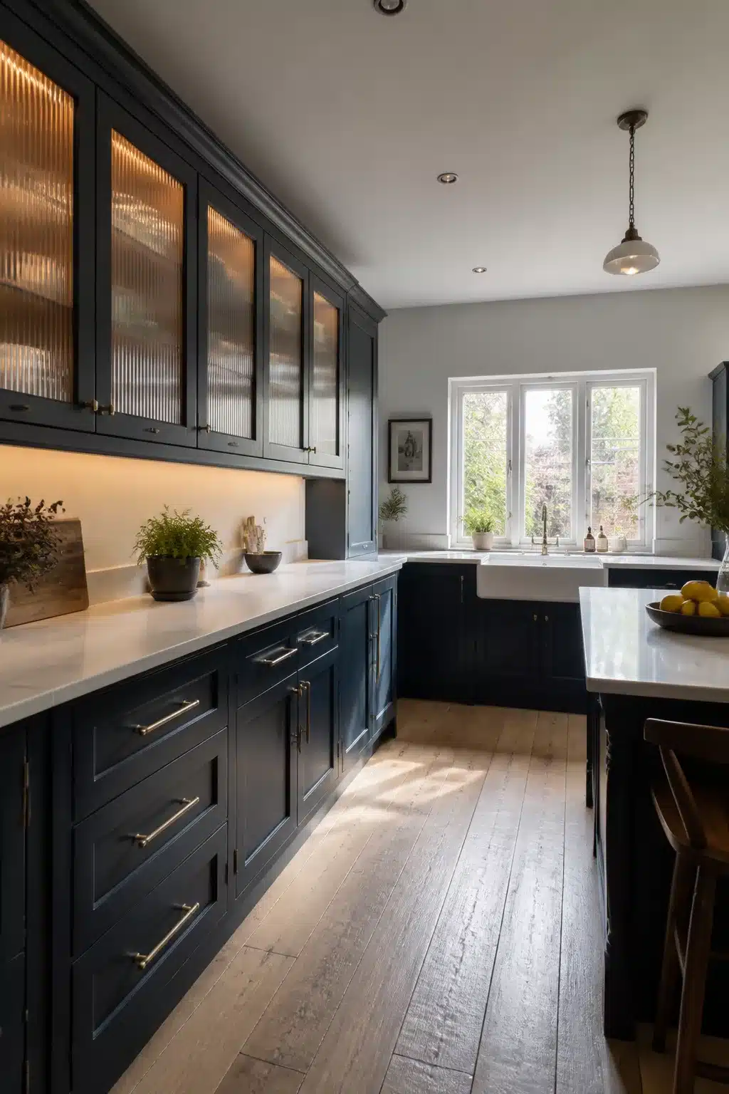 Navy kitchen with white worktops, ribbed glass upper cabinets, brass bar pulls and warm wood floor