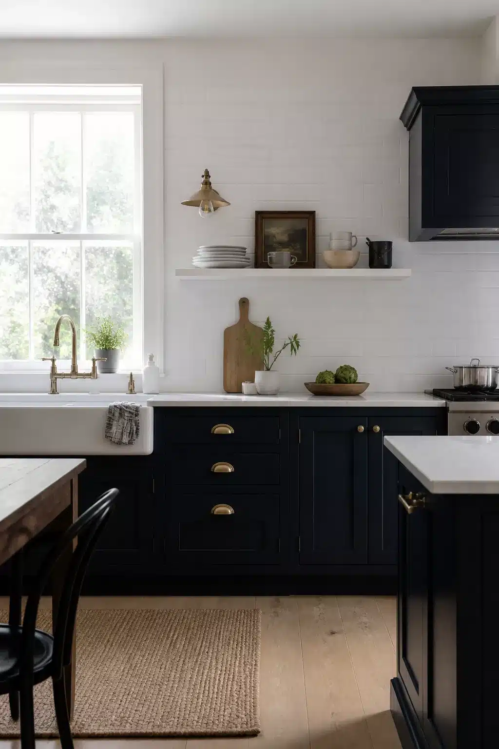 Navy kitchen with white worktops, shaker cabinets, brass cup pulls, open shelving, and a farmhouse sink