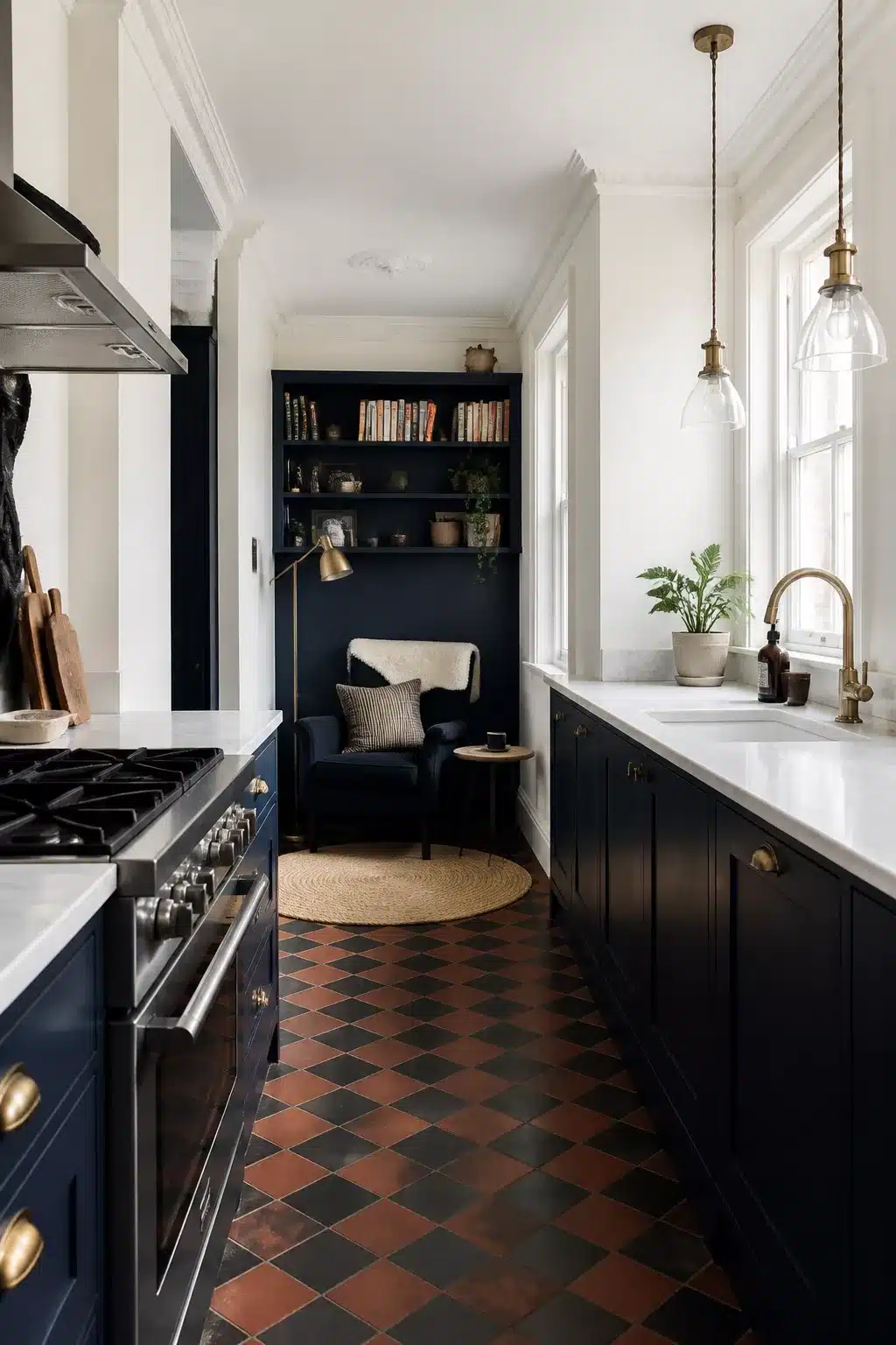 Navy kitchen with white worktops, terracotta checkerboard floor, brass hardware, and a cozy navy reading nook alcove