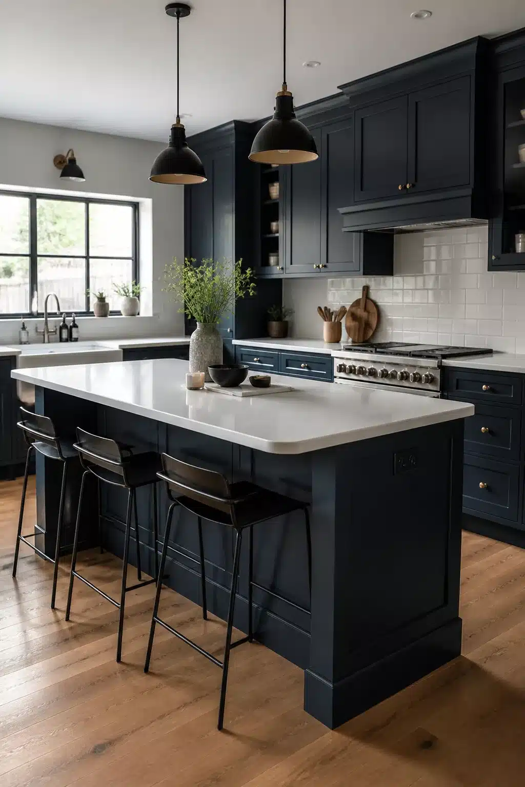 Navy kitchen with white worktops featuring a large navy island, overhang seating, black dome pendants, and warm oak floors.