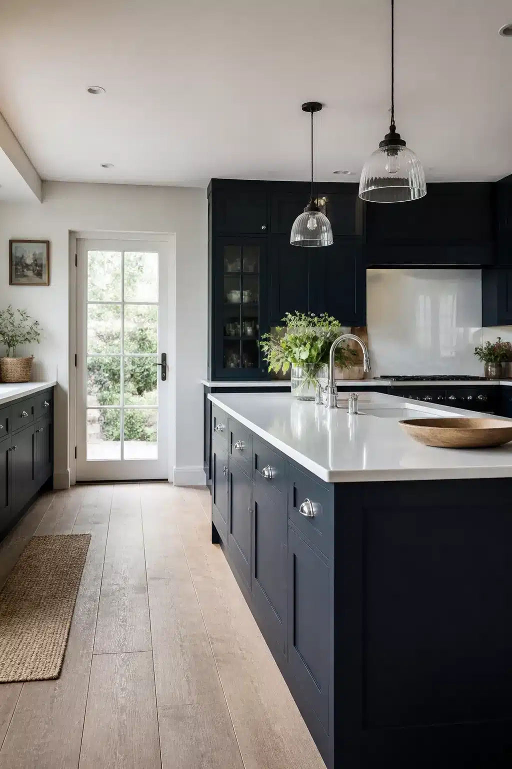 Navy kitchen with white worktops, chrome cup pulls, ribbed glass pendants and oak hardwood floor
