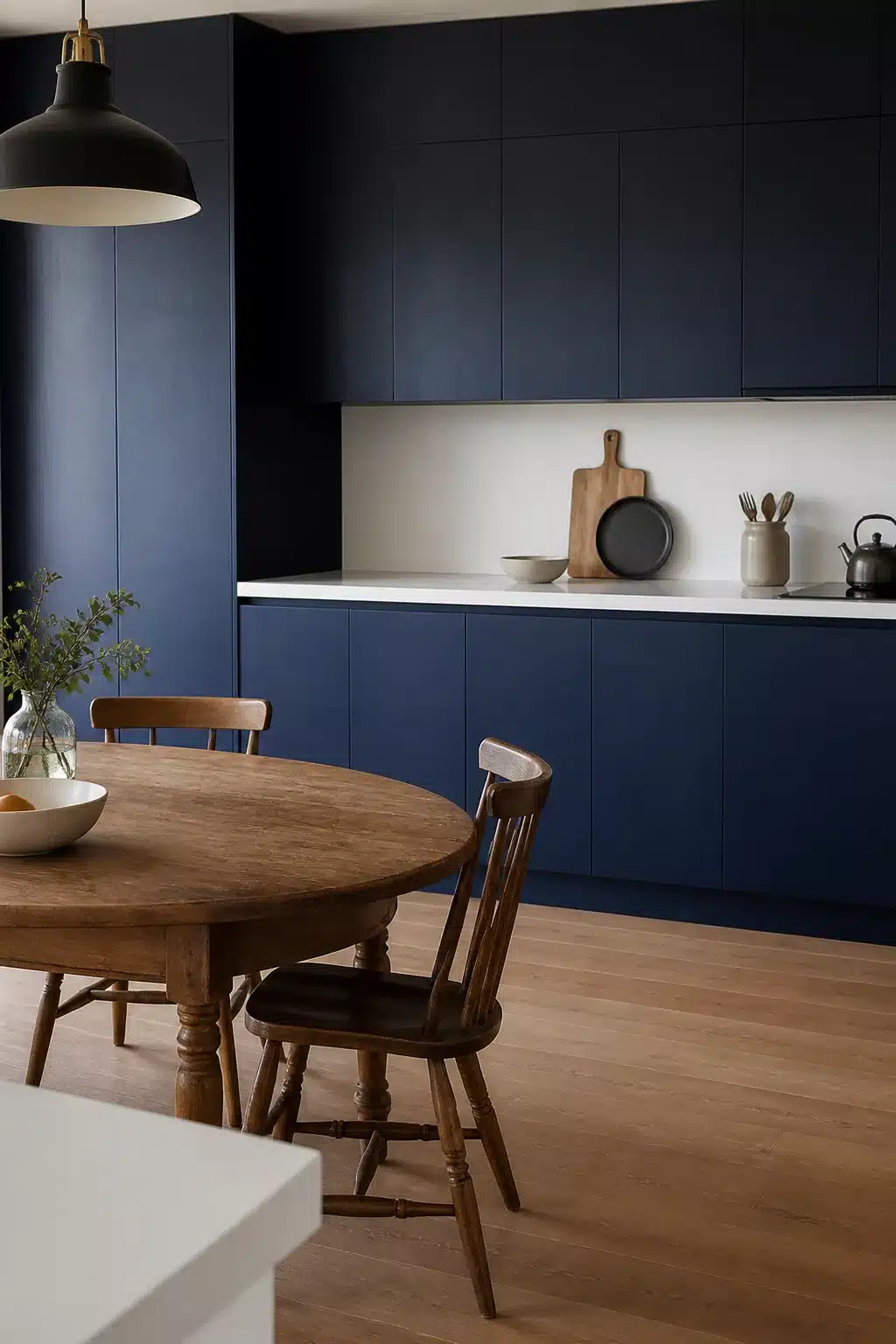 Navy kitchen with white worktops, handleless cabinets, and a round wood dining table — clean, minimal design.