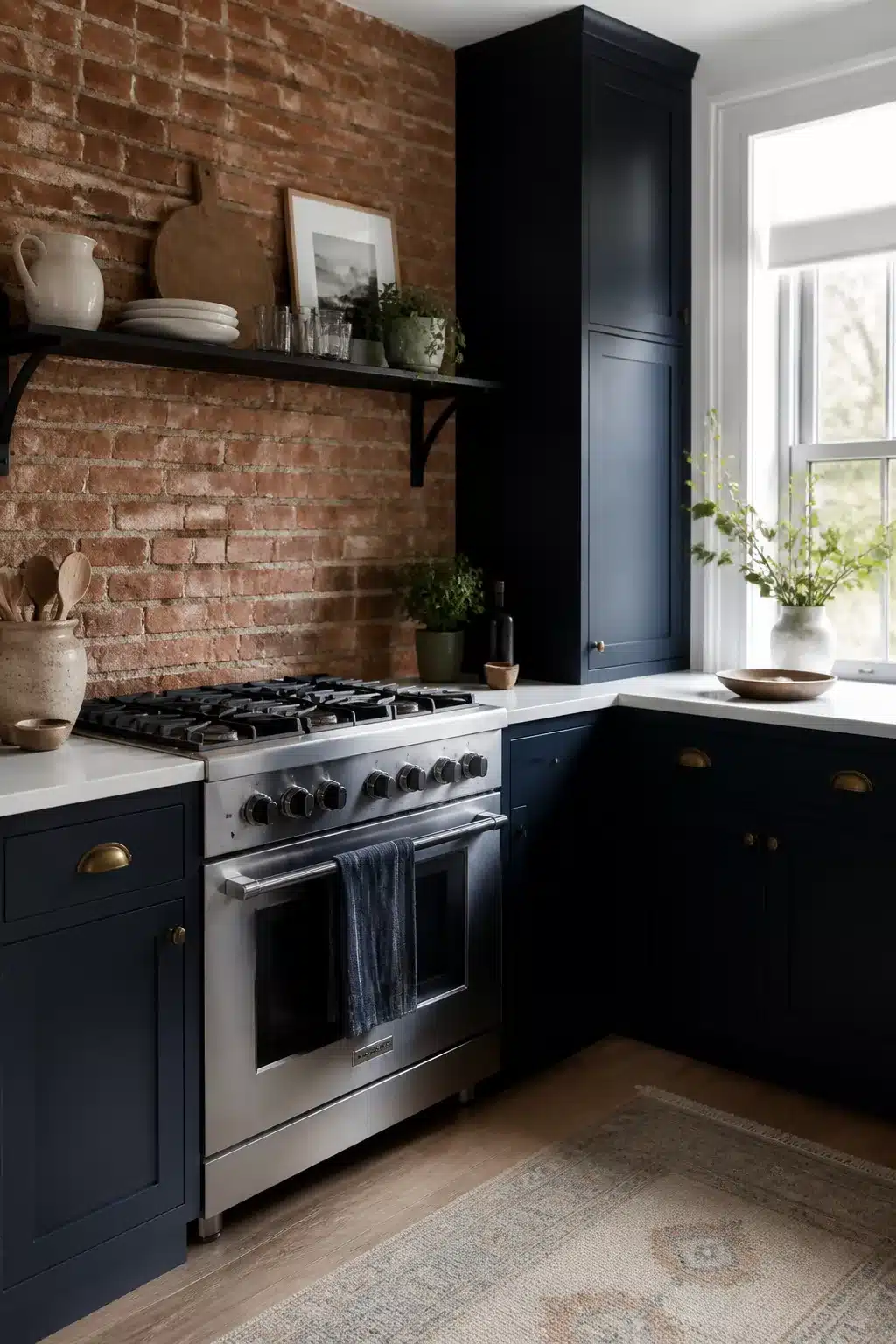 Navy kitchen with white worktops, exposed red brick wall, stainless range, brass cup pulls, and open metal shelf