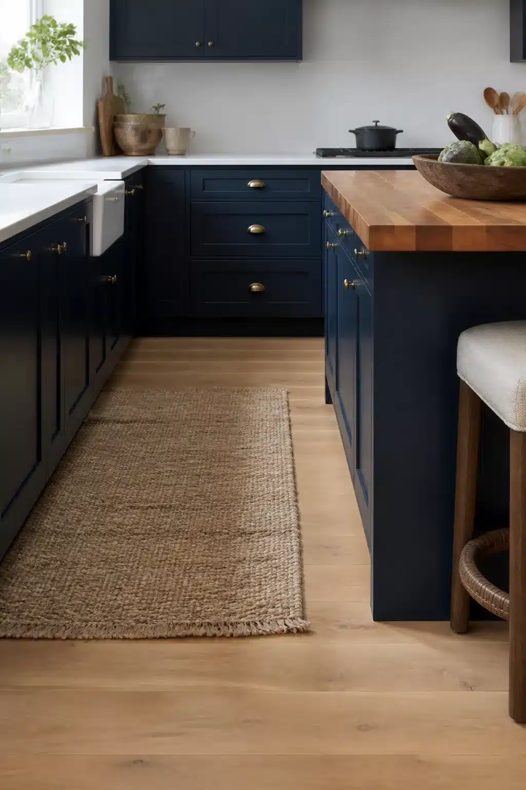 Navy kitchen with white worktops, butcher block island top, brass cup pulls, jute runner, and light oak floor