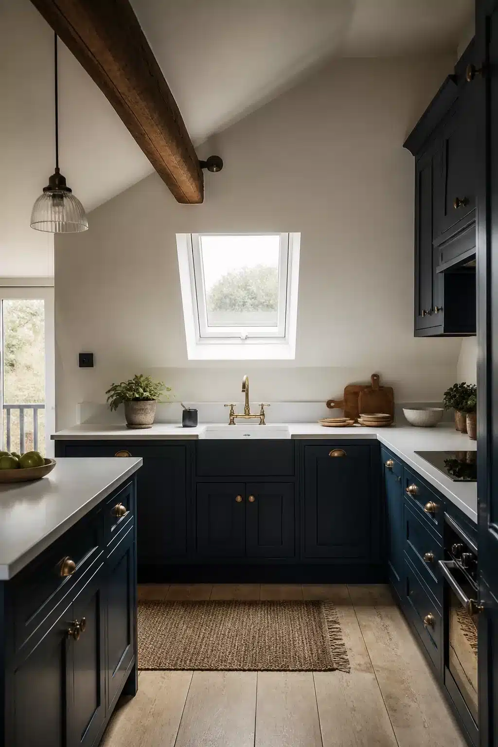Navy kitchen with white worktops under a sloped ceiling with skylight, exposed beam, brass faucet and jute rug
