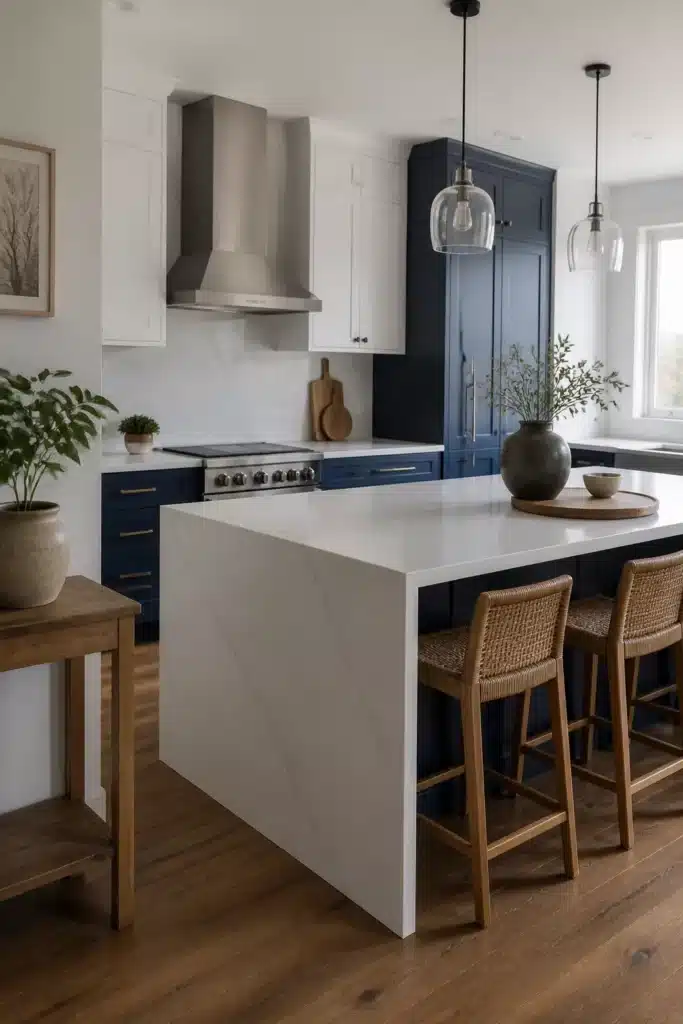 Open-plan navy kitchen with white quartz waterfall island worktop, rattan stools and glass pendants