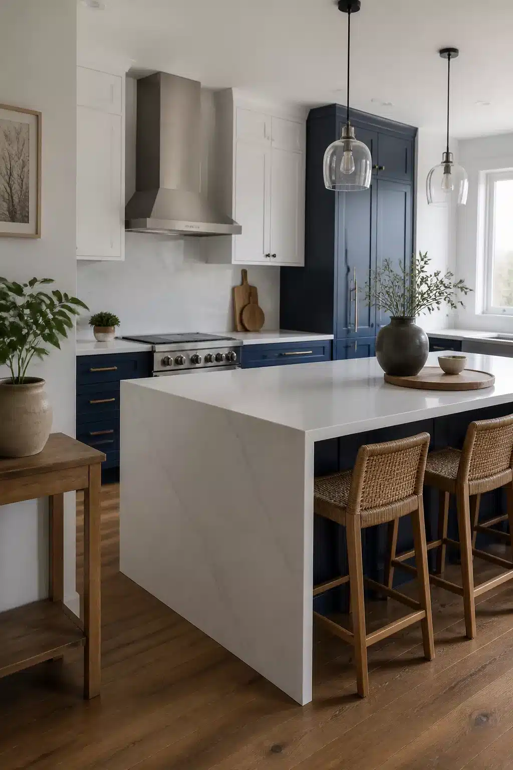 Open-plan navy kitchen with white quartz waterfall island worktop, rattan stools and glass pendants