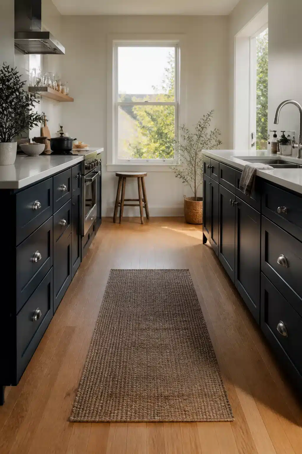 Navy galley kitchen with white worktops, warm oak flooring, shaker cabinets, and natural light from end windows
