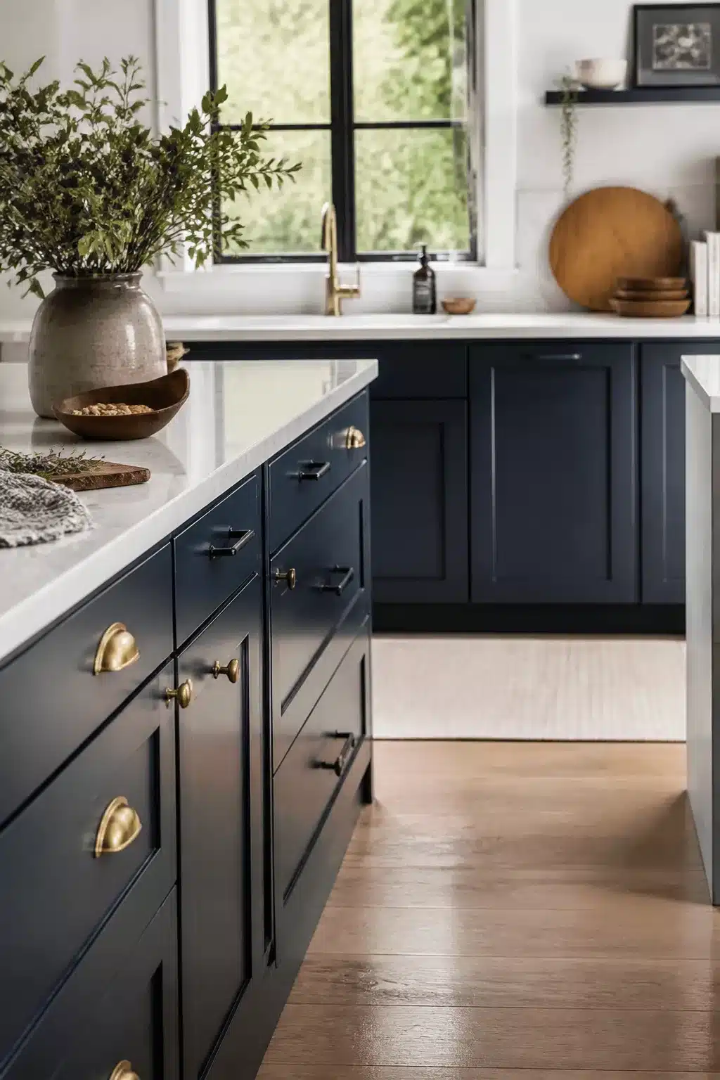 Navy kitchen with white worktops featuring mixed gold cup pulls and black square knobs on shaker cabinets