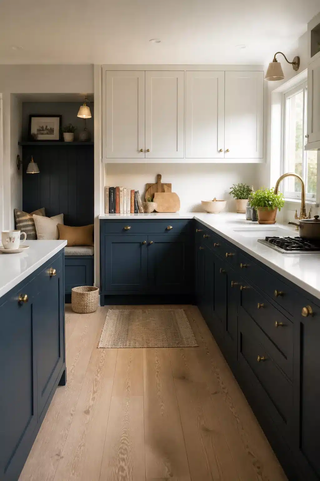 Navy kitchen with white worktops featuring two-tone shaker cabinets, brass hardware, and light oak floors