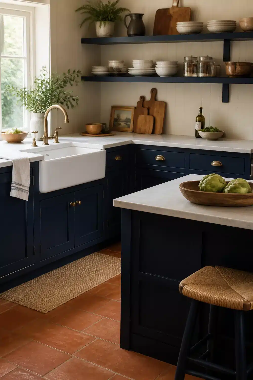 Navy kitchen with white worktops, butler sink, brass faucet, terracotta floor tiles and open shelving