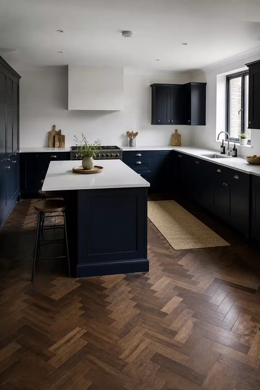 Navy kitchen with white worktops, dark walnut herringbone parquet floor and shaker cabinets — classic contrast