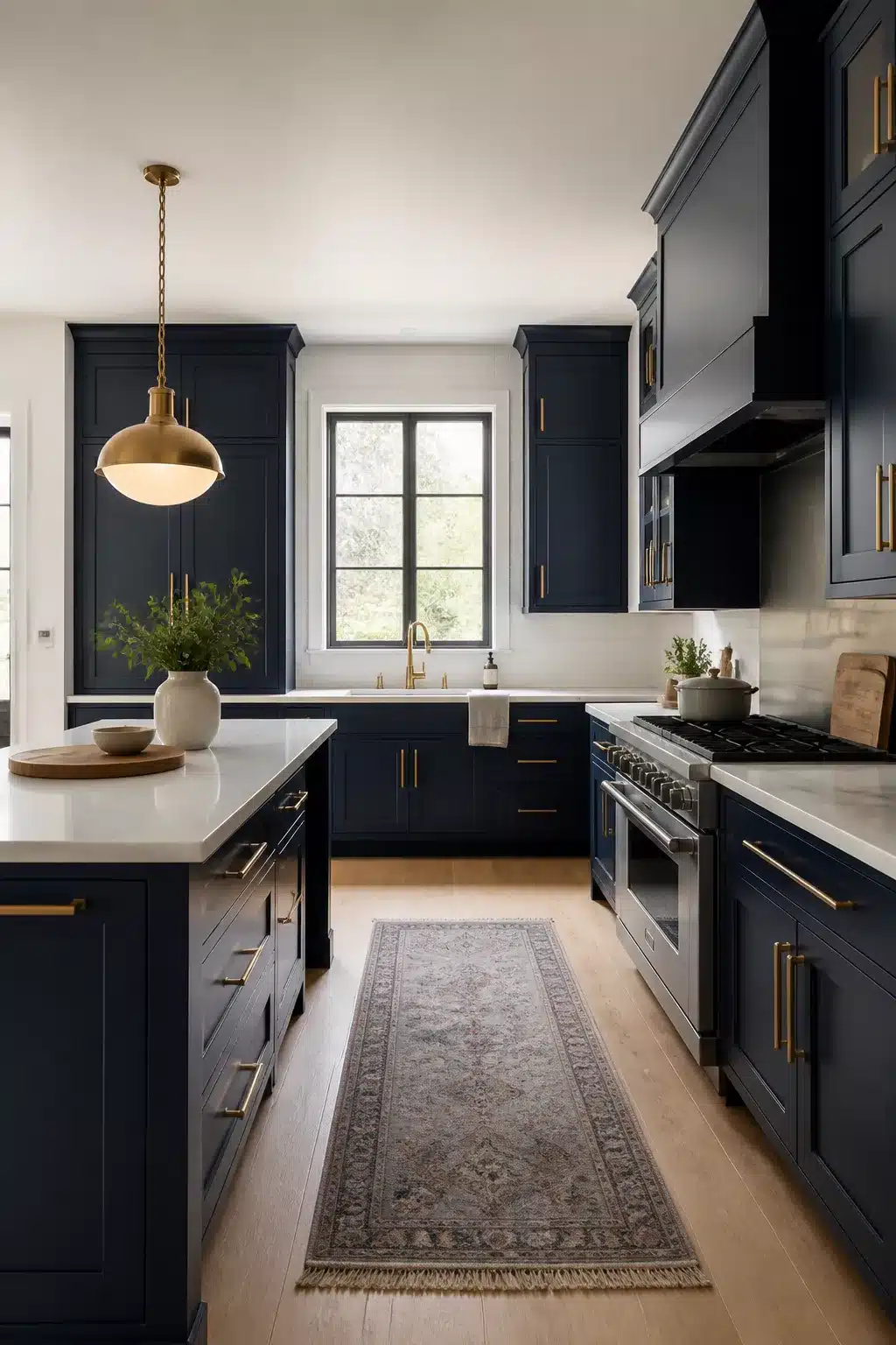 Matte navy shaker kitchen with aged brass bar pulls, dome pendant, and white quartz countertops — navy kitchens with brass handles