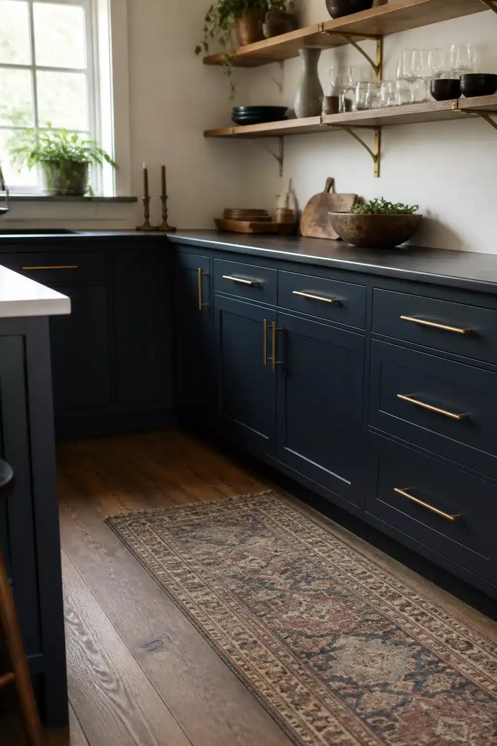 Navy kitchen with brass handles, open wood floating shelves and a vintage runner rug on hardwood floors