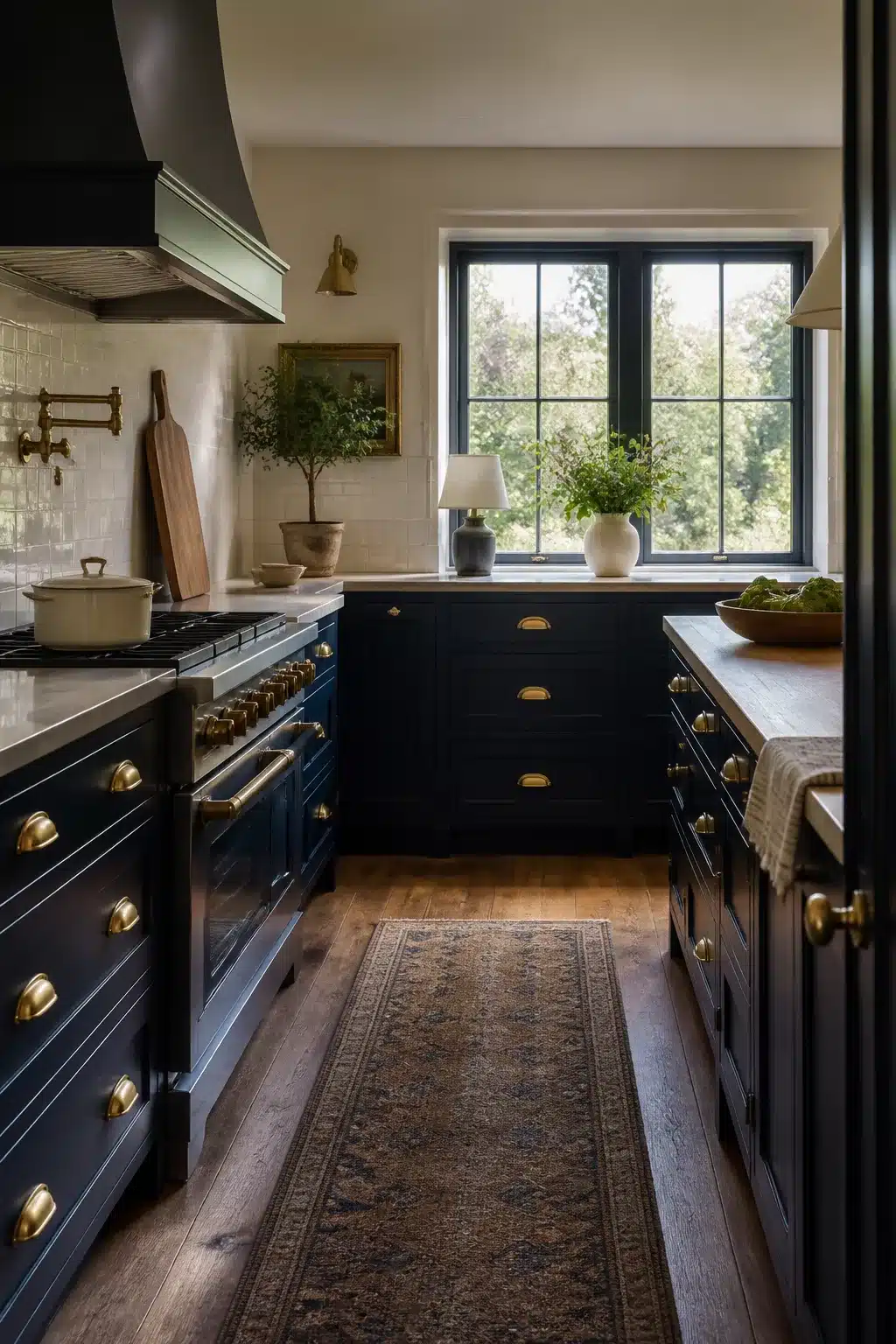 Navy kitchen with brass cup handles, zellige tile backsplash, vintage runner rug, and black-framed window — navy kitchens with brass handles.