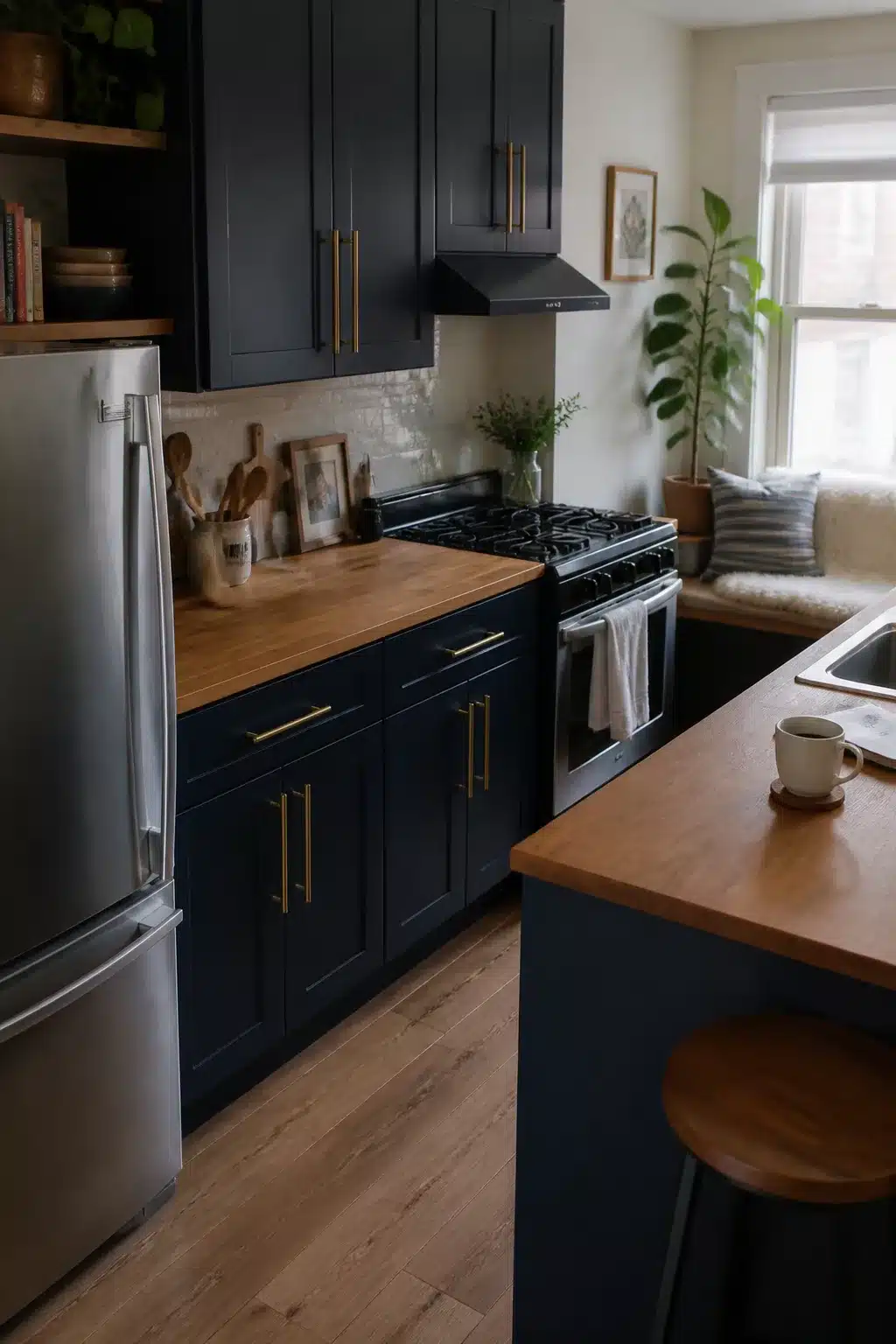 Compact navy kitchen with brass bar handles and butcher block countertops — Navy Kitchens With Brass Handles