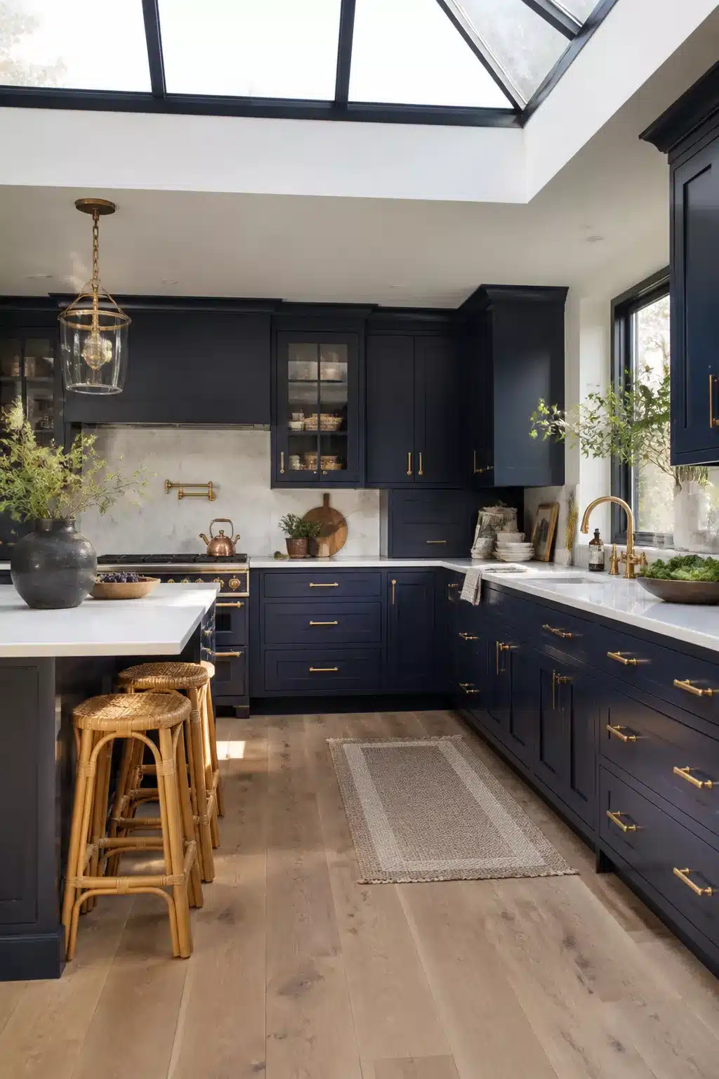 Navy kitchen with brass handles, glass skylight, white marble countertops and rattan bar stools
