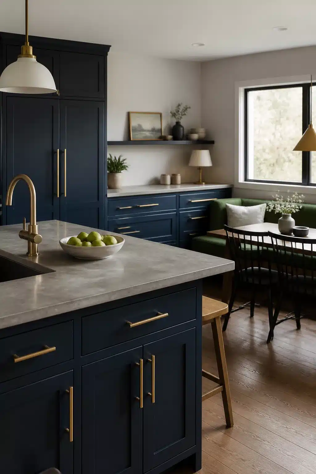 Navy kitchen with brass handles, concrete countertops, and a green velvet banquette dining nook