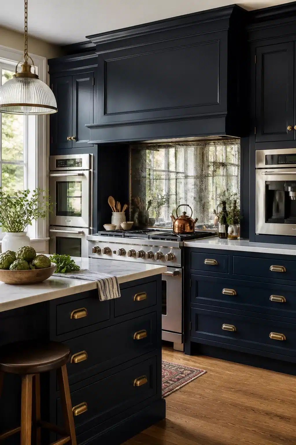 Navy kitchen with brass bail handles, antique mirror backsplash, marble countertops and oak floors — navy kitchens with brass handles