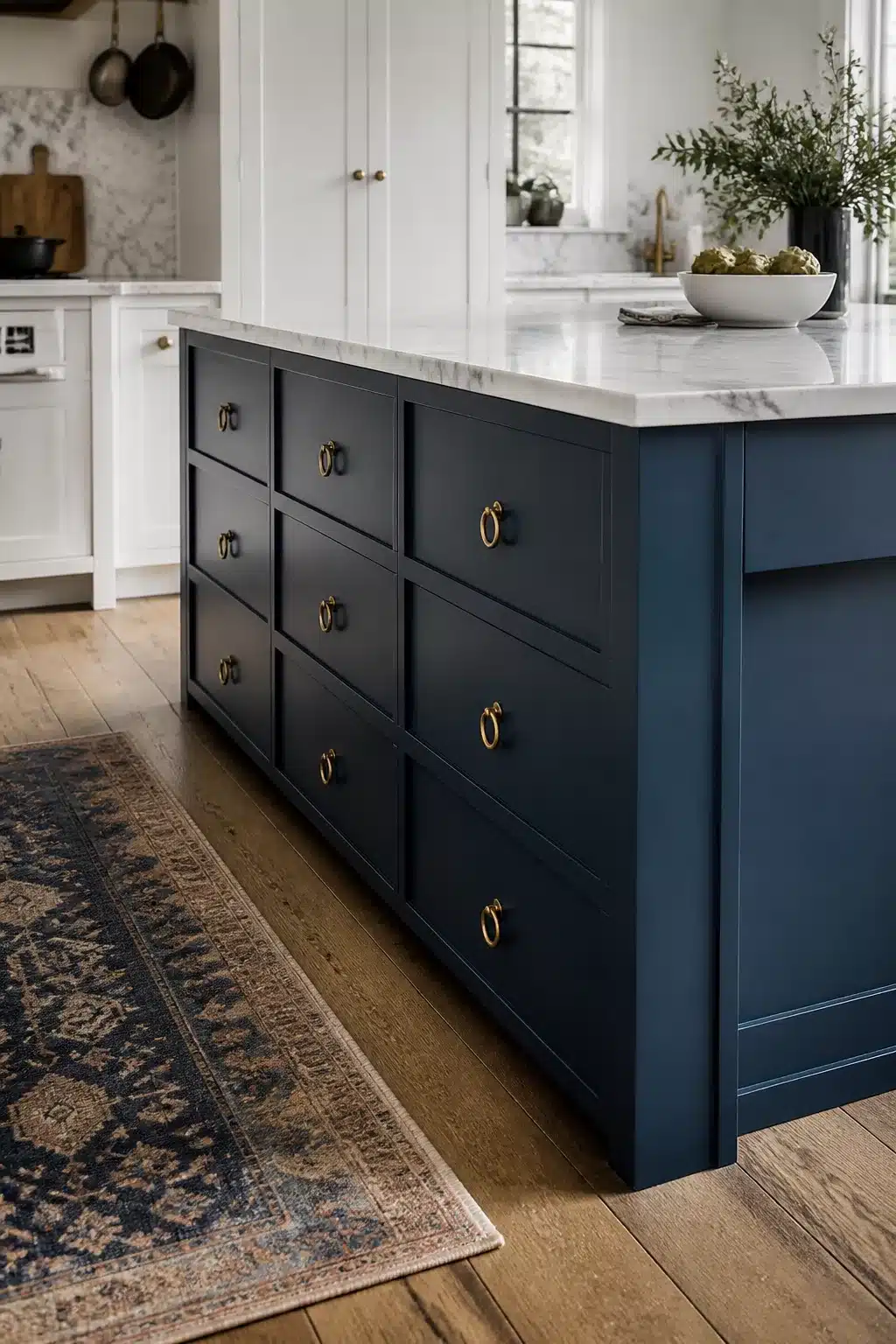 Navy kitchen island with brass ring pull handles and marble countertop — navy kitchens with brass handles inspiration