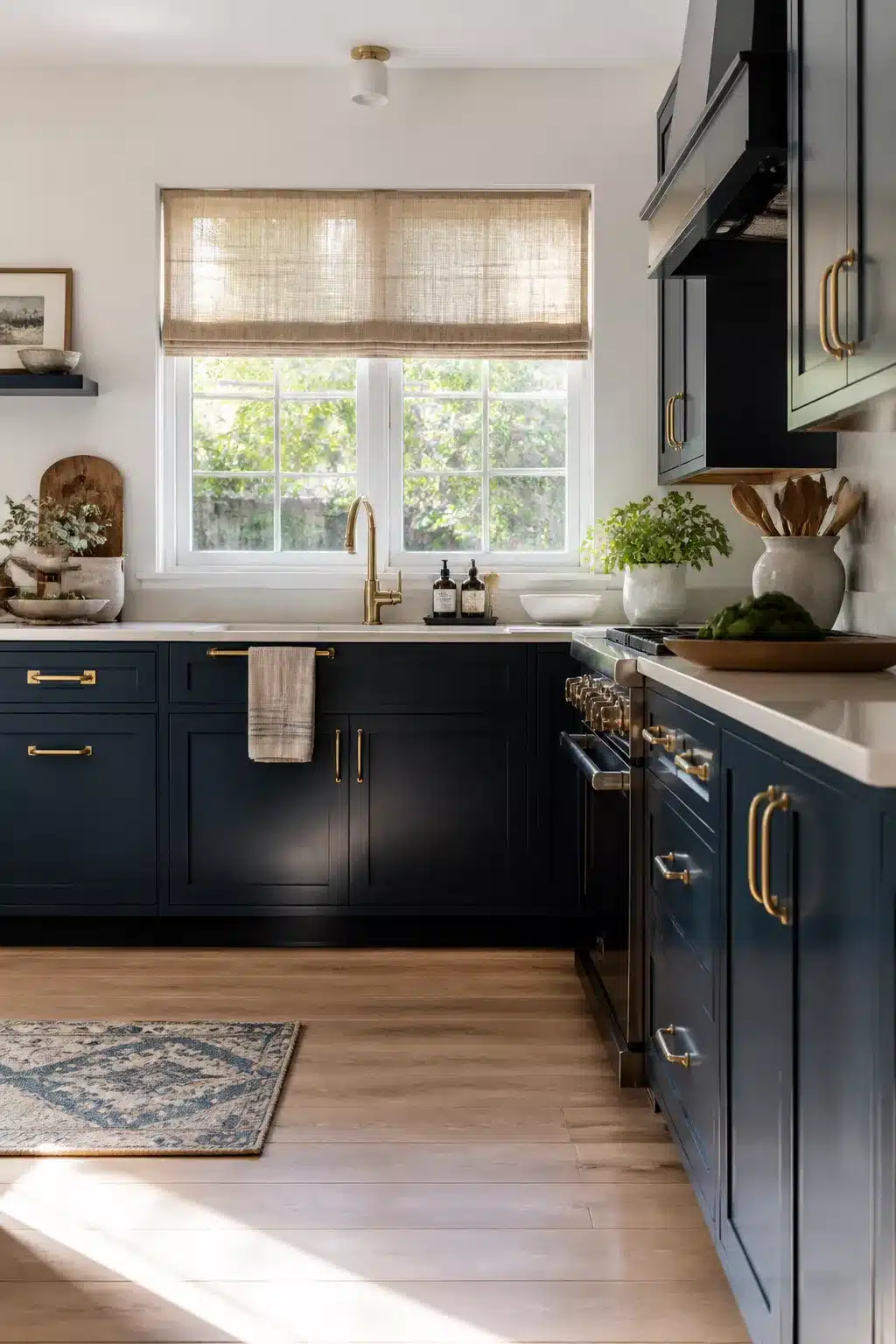 Navy kitchen with brass bar handles, warm white countertops, linen roman shade and light hardwood floor