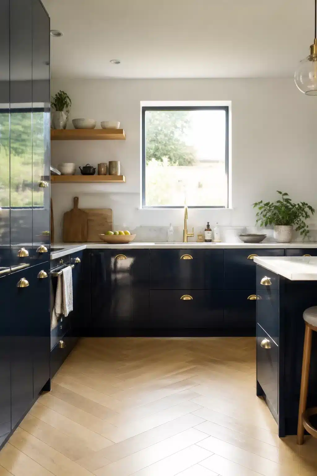 Gloss navy kitchen with polished brass cup handles, herringbone wood floor, and oak open shelves — navy kitchens with brass handles