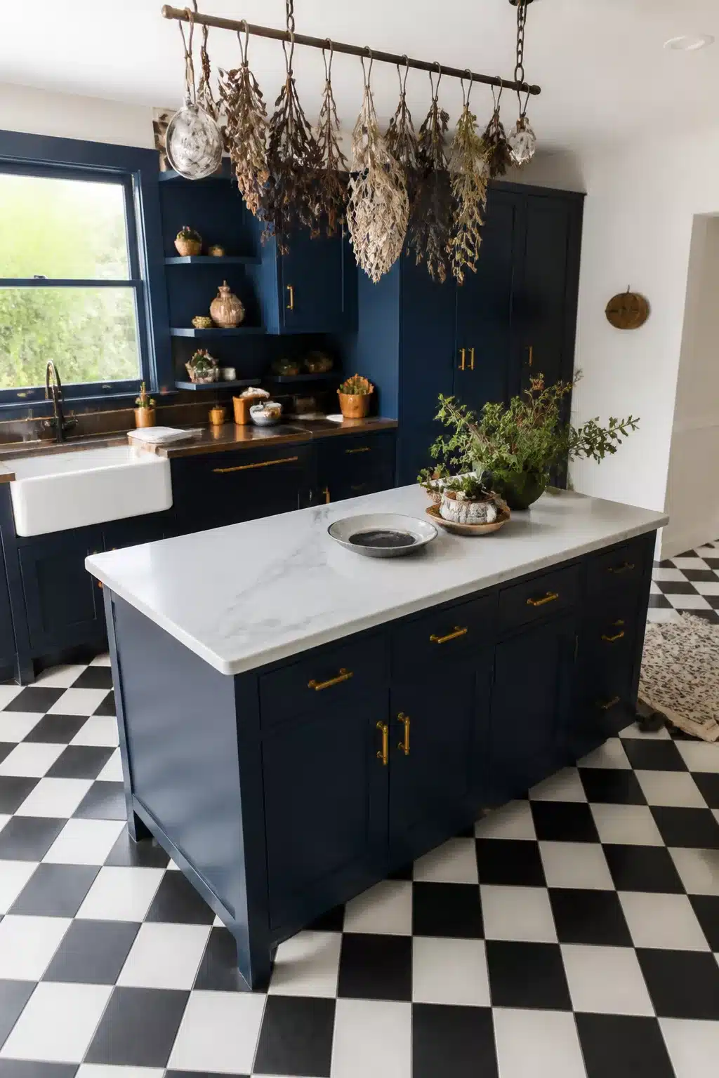 Navy kitchen with brass T-bar handles, checkerboard floor, marble island and dried herb chandelier — navy kitchens with brass handles