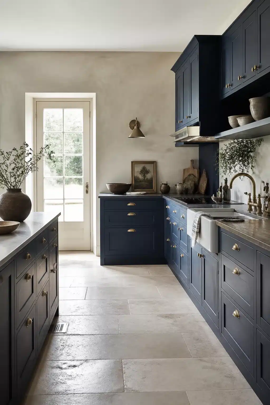 Navy kitchen with brass handles, limewash plaster walls, stone floor tiles and a farmhouse sink