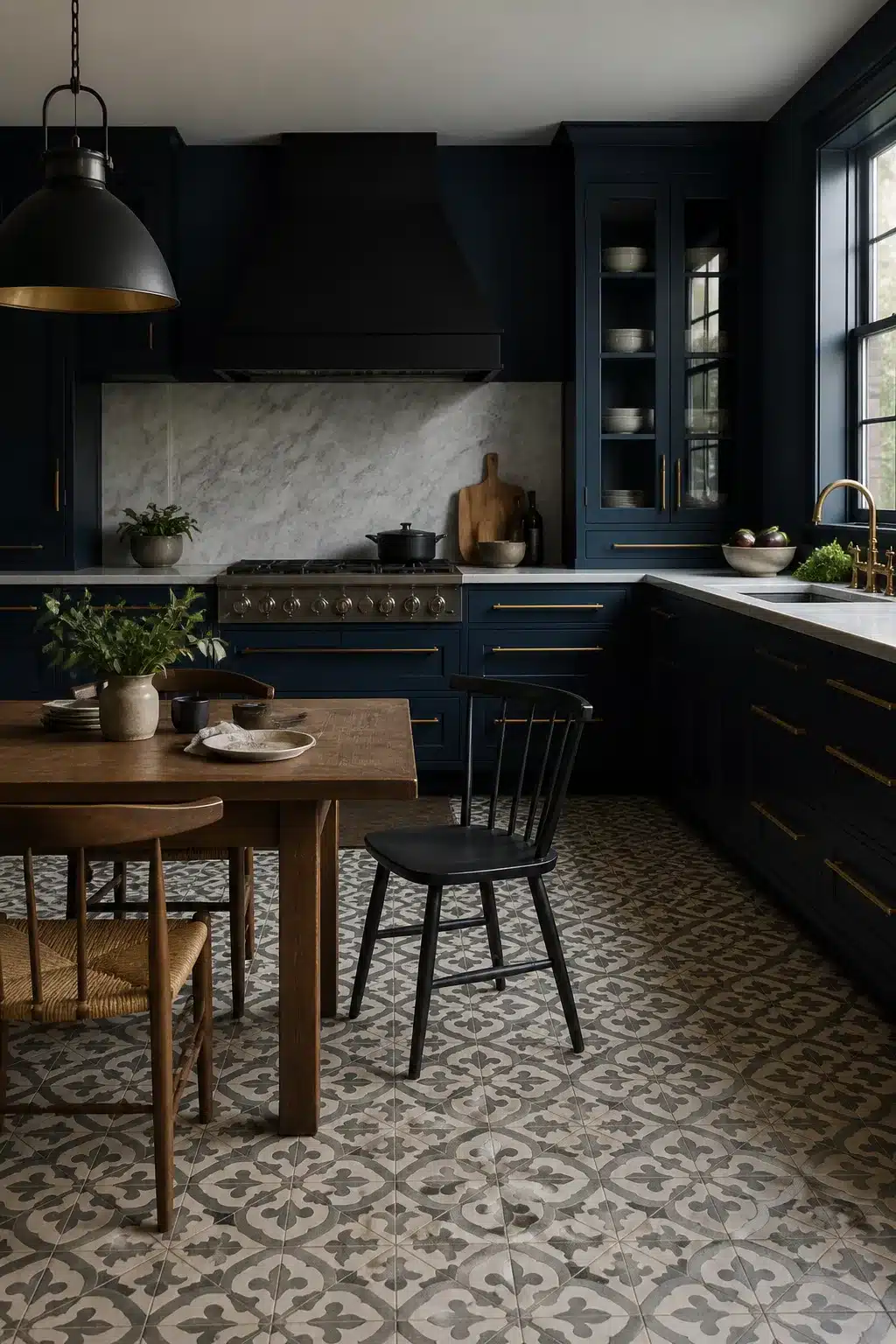 Navy kitchen with brass bar handles, marble backsplash, and patterned cement tile floor — navy kitchens with brass handles