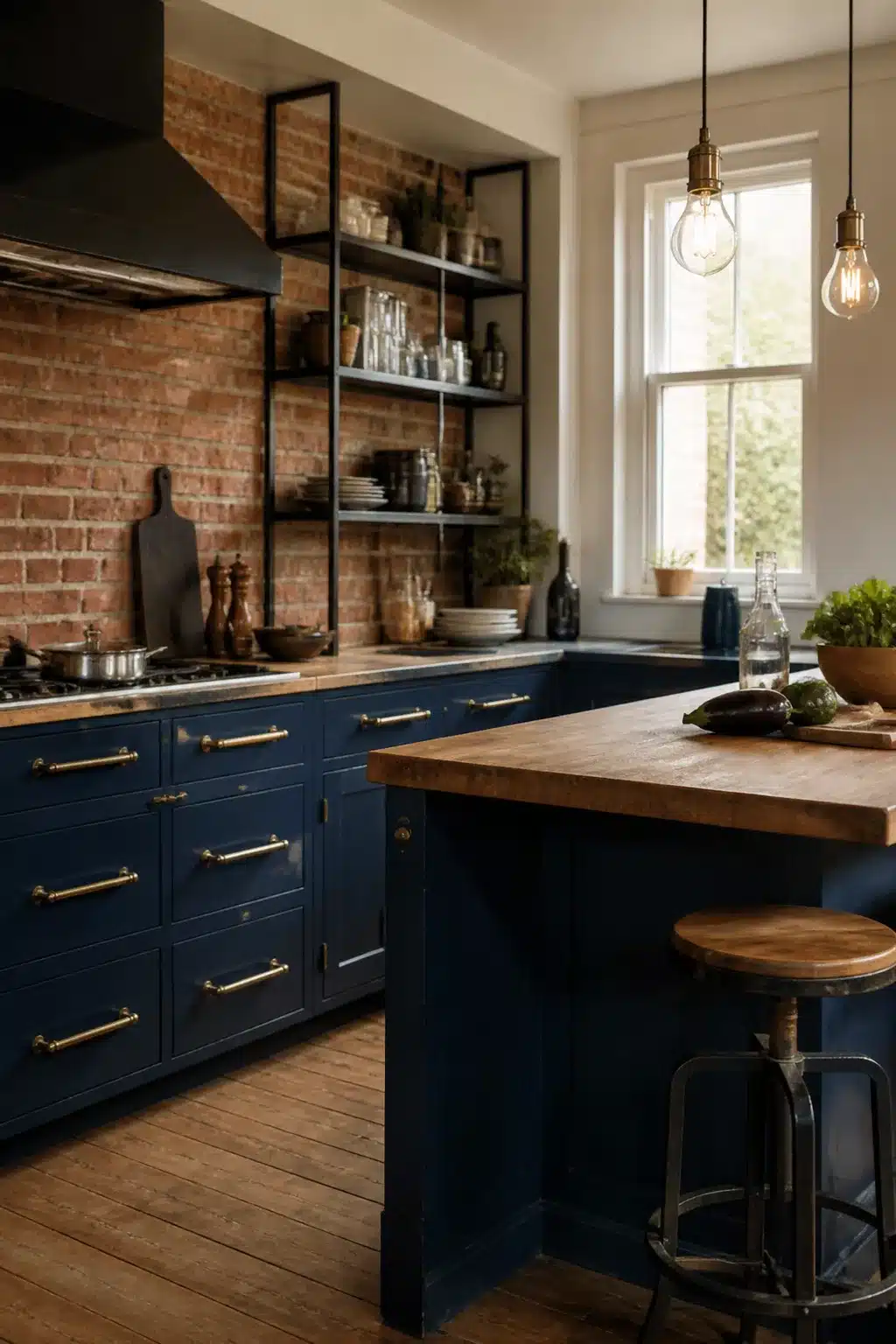 Navy kitchen with brass bar handles, exposed brick backsplash, butcher block counters and Edison pendant lights.