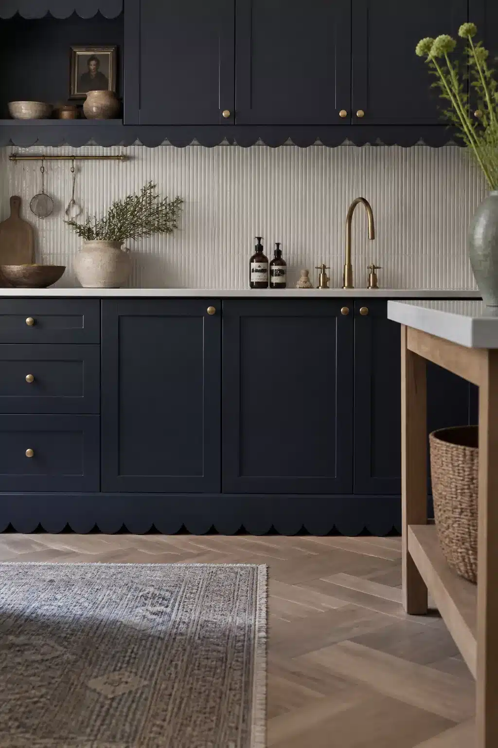Navy kitchen with brass handles featuring scalloped cabinetry, brass knob hardware, and ribbed cream tile backsplash