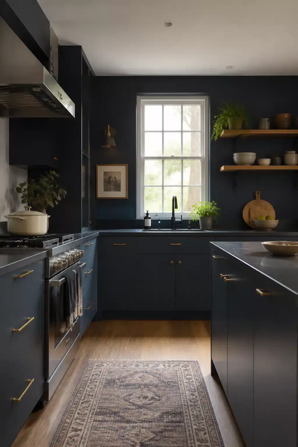 Navy kitchen with raw brass bar handles, open wood shelves, and vintage runner rug — navy kitchens with brass handles