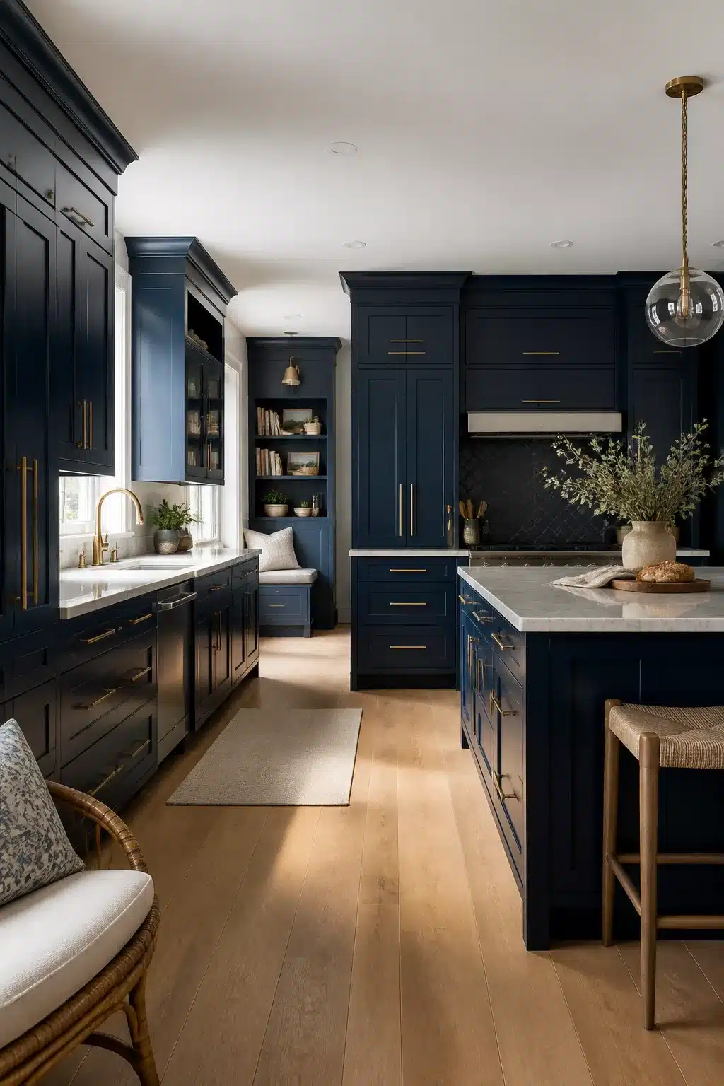 Navy kitchen with brass handles, herringbone tile backsplash, globe pendant, and wraparound floor-to-ceiling cabinetry on light oak floors.