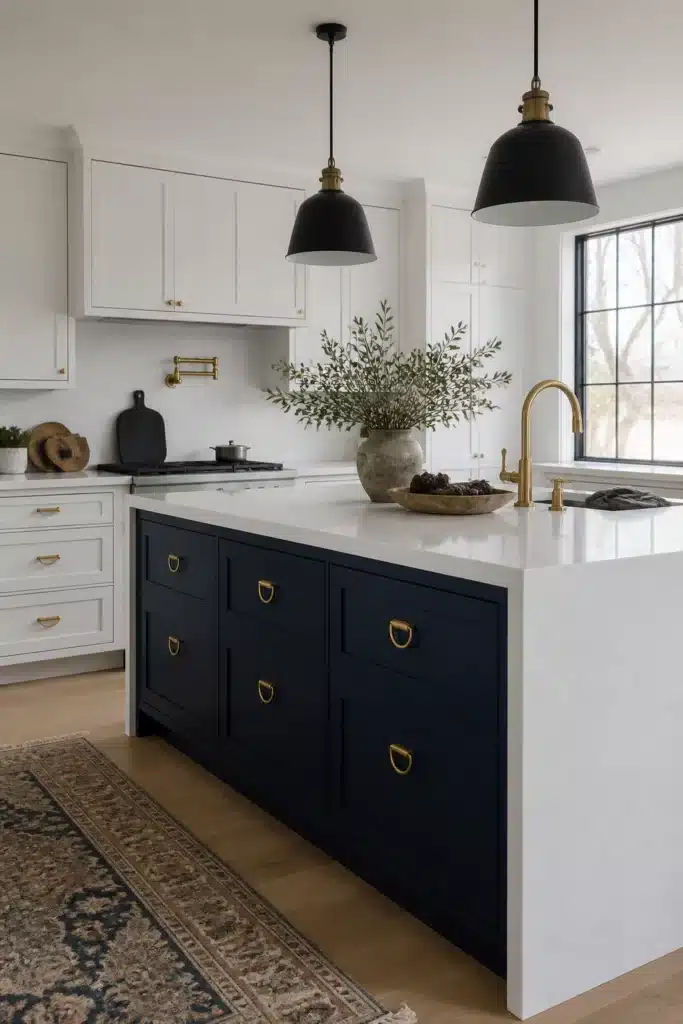 Navy kitchen island with brass D-ring pulls and white shaker cabinets — navy kitchens with brass handles inspo