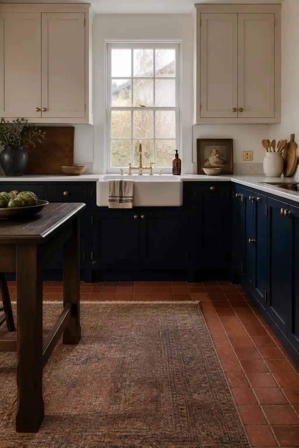 Navy kitchens with brass handles — two-tone navy lower and cream upper cabinets with brass knobs and terracotta tile floor