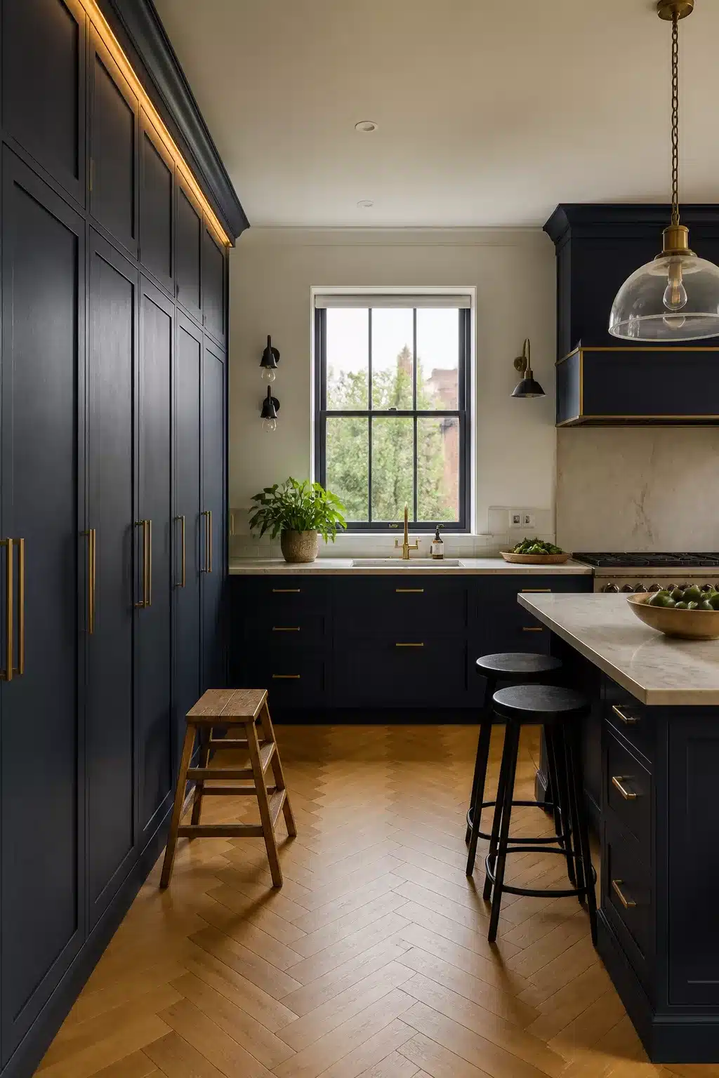 Floor-to-ceiling navy kitchen cabinets with brass finger pulls and herringbone parquet floor — Navy Kitchens With Brass Handles