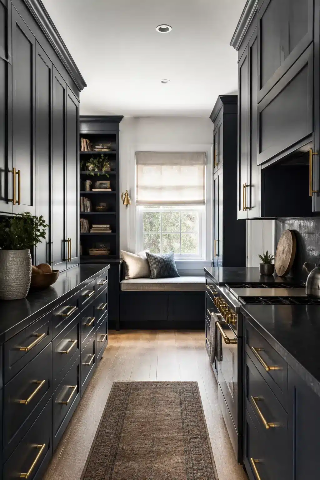 Navy galley kitchen with unlacquered brass bar handles, window seat, and vintage runner rug — navy kitchens with brass handles