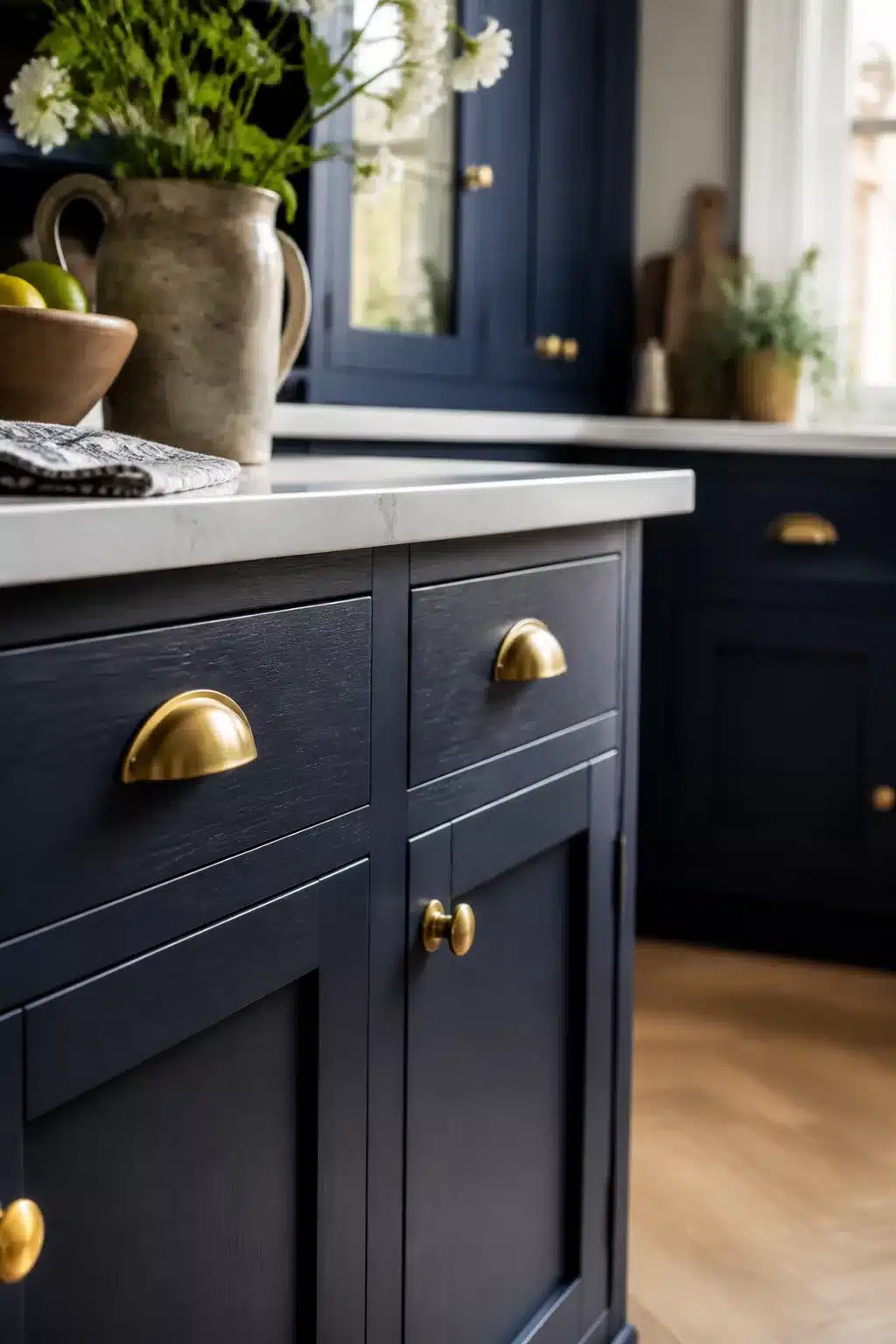 Navy kitchen with brass handles — satin brass bin pulls on navy oak shaker island with marble countertop