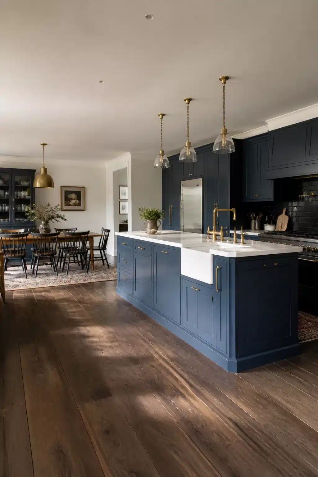Open-plan navy kitchen with brass tapered handles, farmhouse sink, brass faucet, and wide-plank hardwood floors.