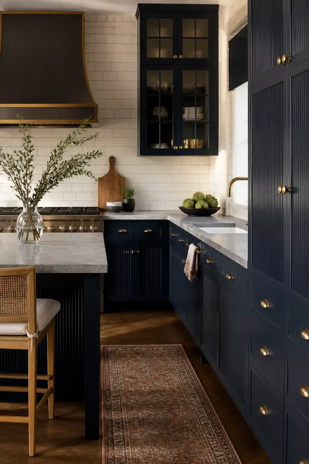 Navy kitchen with brass handles featuring fluted cabinet fronts, oval brass pulls, marble counters, and a vintage runner rug.
