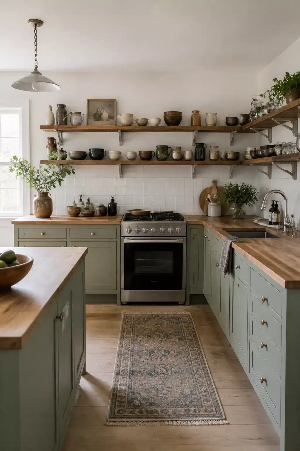 Sage green kitchen cabinets with butcher block countertops, open wood shelves, and a vintage runner rug.