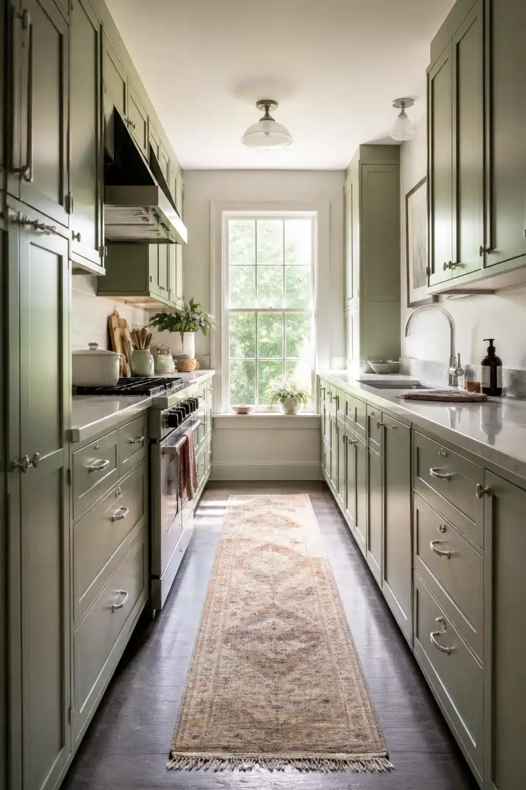 Sage green kitchen cabinets lining both sides of a galley kitchen with a vintage runner rug and silver ring pulls.