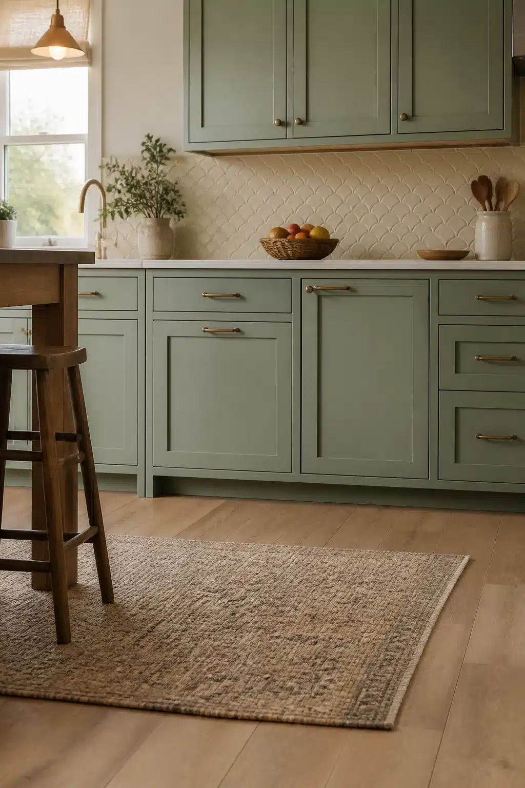 Sage green kitchen cabinets with scalloped cream tile backsplash, brass pulls, and a jute rug on light wood floors.
