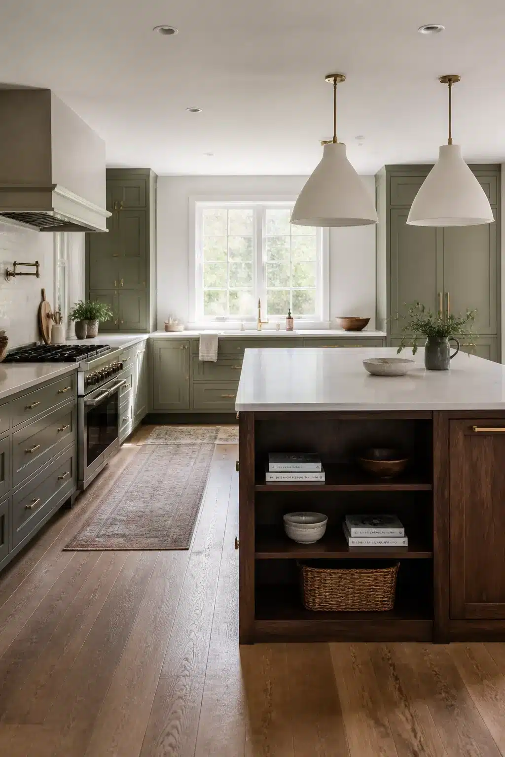 Sage green kitchen cabinets with dark walnut island, brass hardware, and white quartz countertops