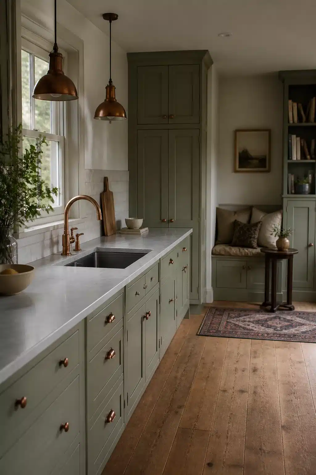 Sage green kitchen cabinets with aged copper hardware, quartzite countertops, and warm wood floors