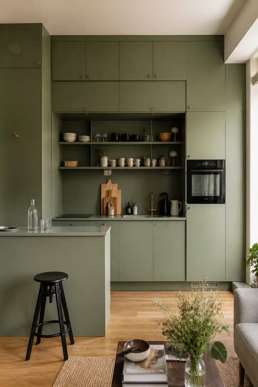 Sage green flat-front kitchen cabinets with open shelving in a compact apartment kitchen with oak floors