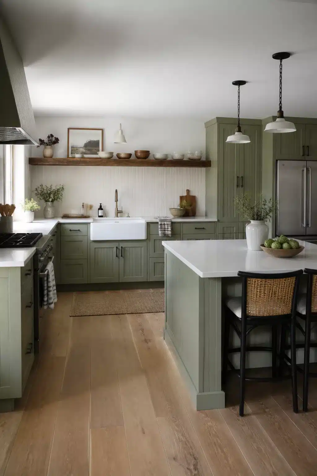 Sage green kitchen cabinets with farmhouse sink, beadboard backsplash, rattan barstools, and white pendants