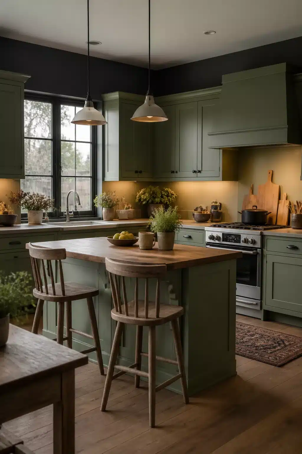 Sage green kitchen cabinets paired with charcoal gray ceiling and warm butcher block island top
