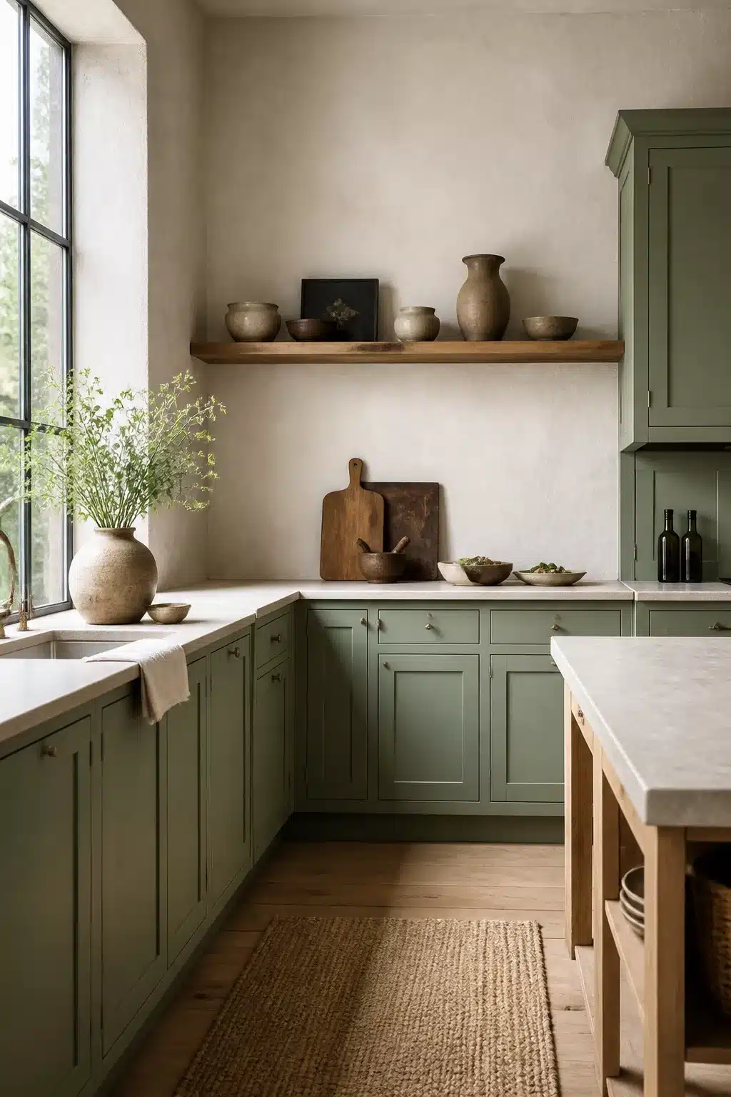 Sage green kitchen cabinets with limewash plaster walls, stone countertops, and a floating walnut shelf